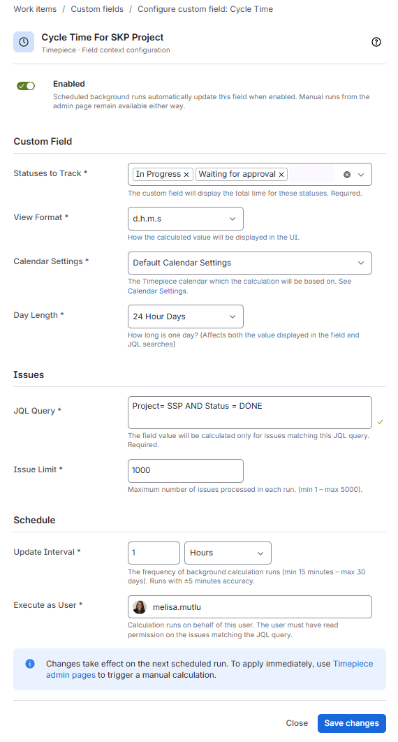 The Timepiece field context configuration screen for the Cycle Time For SKP Project context, showing the Statuses to Track, View Format, Calendar Settings, Day Length, JQL Query, Issue Limit, Update Interval, and Execute as User settings.