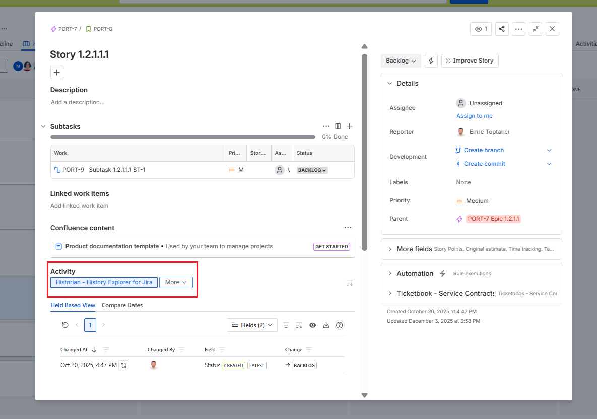 Issue Popup Panel in a Jira Board showing the Historian Issue View feature