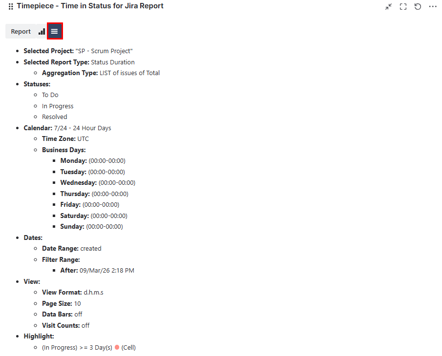 Report Parameters tab on Timepiece dashboard gadget showing report settings