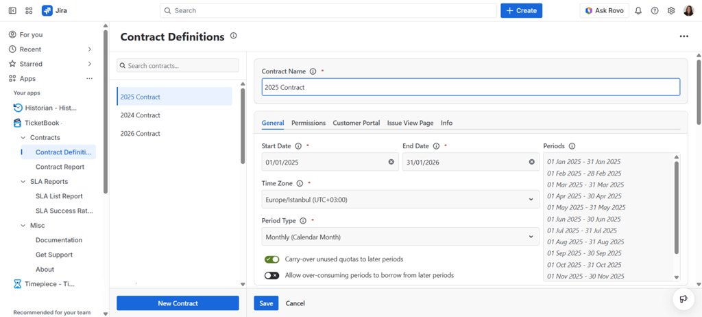 TicketBook Contract Definitions screen showing a list of existing contracts with options to add, edit, or manage each contract