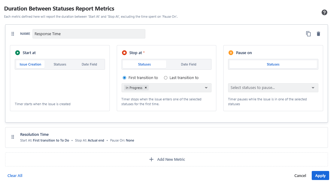 Duration between status report metrics