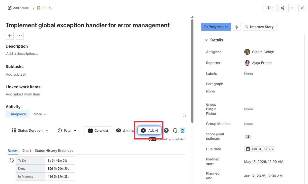 Timepiece tab on the activity panel in work item view