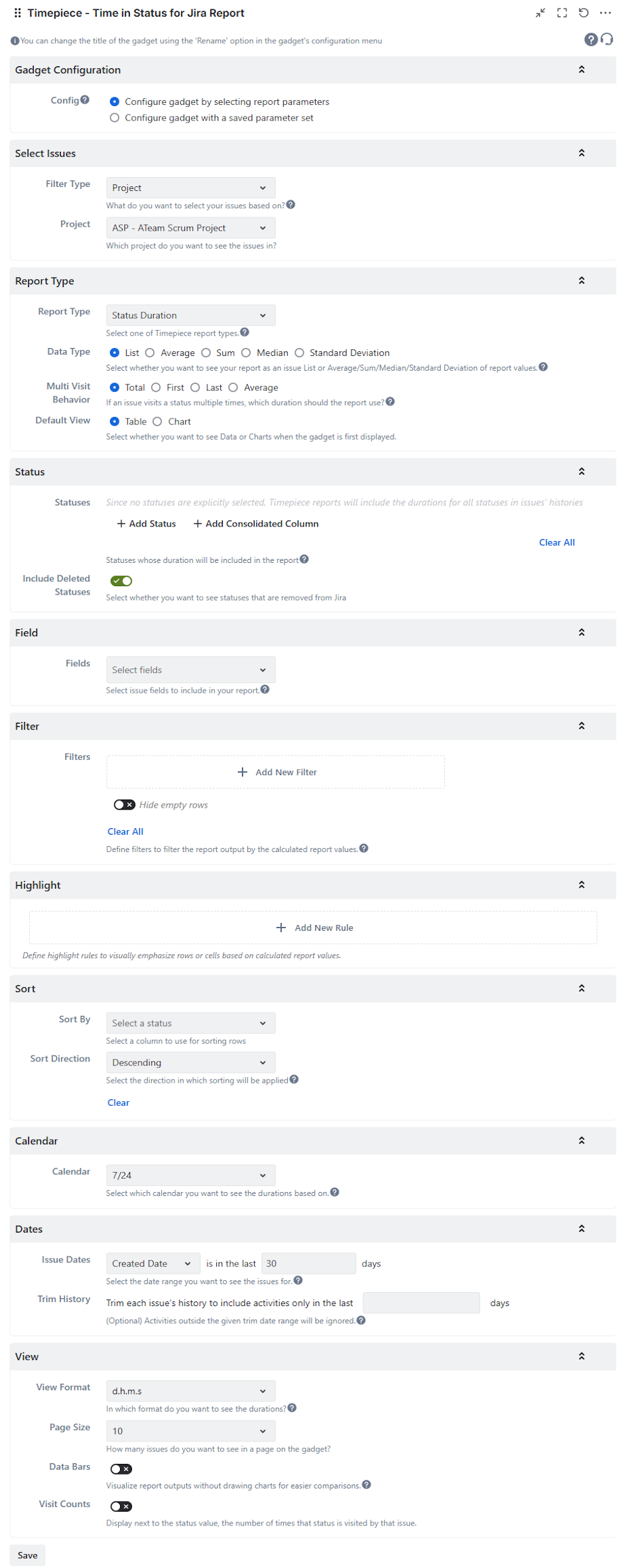 Gadget configuration screen for setting report parameters