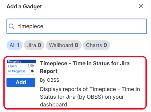 Jira Add a Gadget Menu with Timepiece Gadget Selection