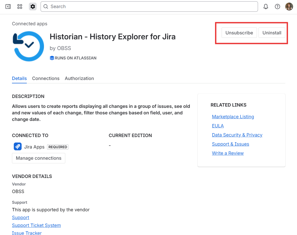 Historian - History Explorer for Jira View app details screen