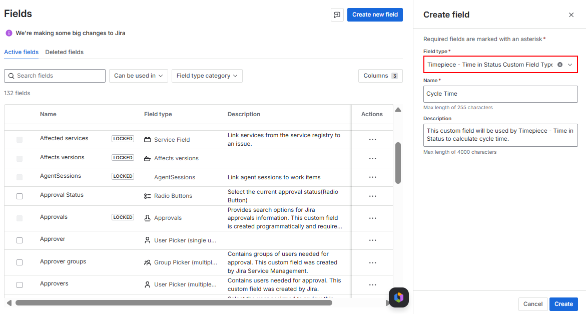 Creating a new field with the field type Timepiece - Time in Status Custom Field Type selected on the Jira Fields page.