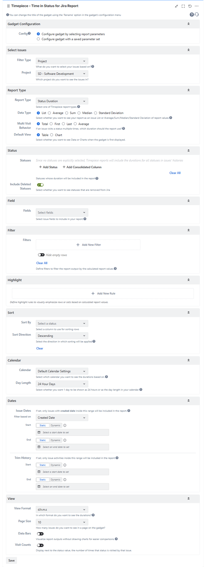 Gadget configuration screen for setting report parameters