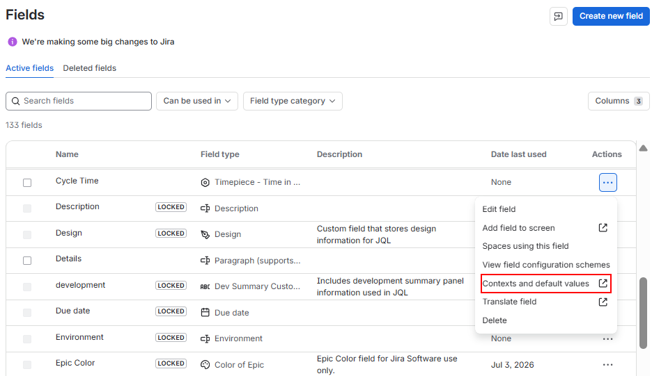 Opening the Contexts and default values option from the actions menu of the Cycle Time custom field in Jira