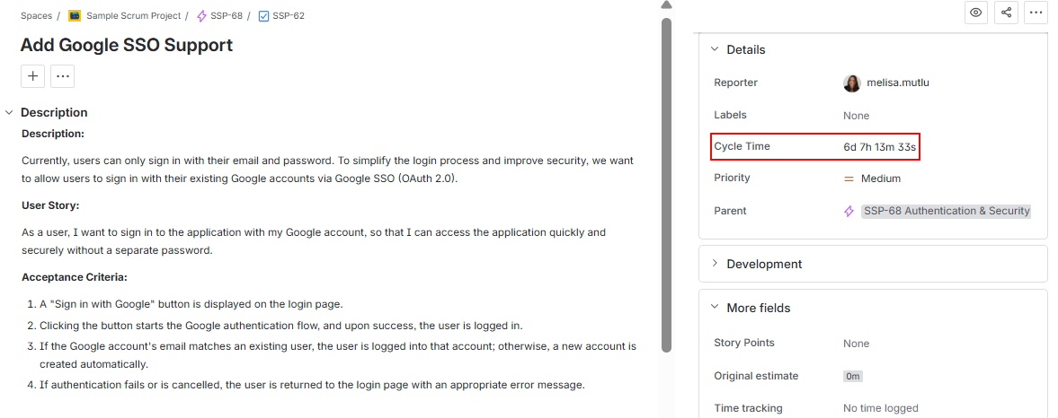 Viewing the calculated Cycle Time value displayed in the details panel of a Jira work item