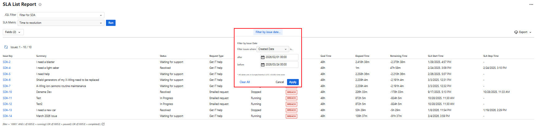 SLA List Report Date Filtering