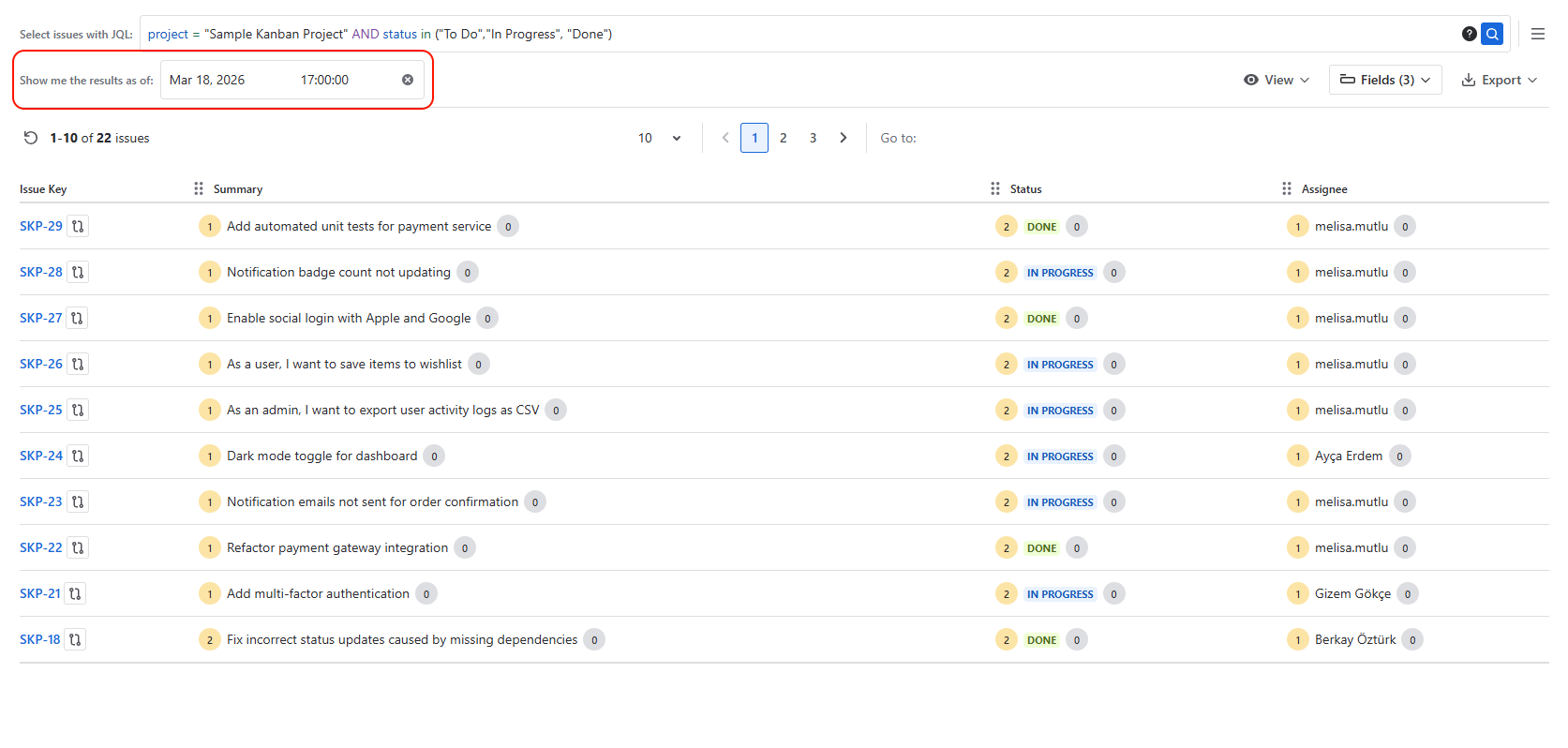 Show me the results as of