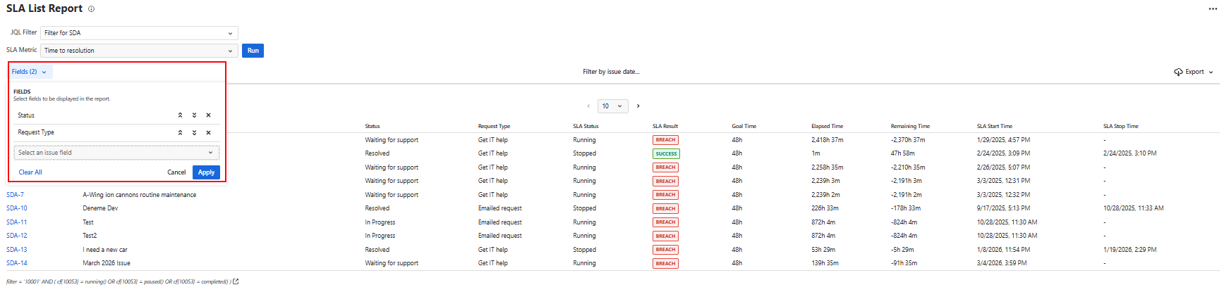 SLA List Report Fields