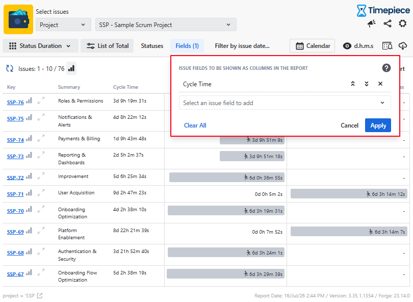 A Timepiece report with the Fields tab open, showing the Cycle Time custom field added as a column to display in the report.